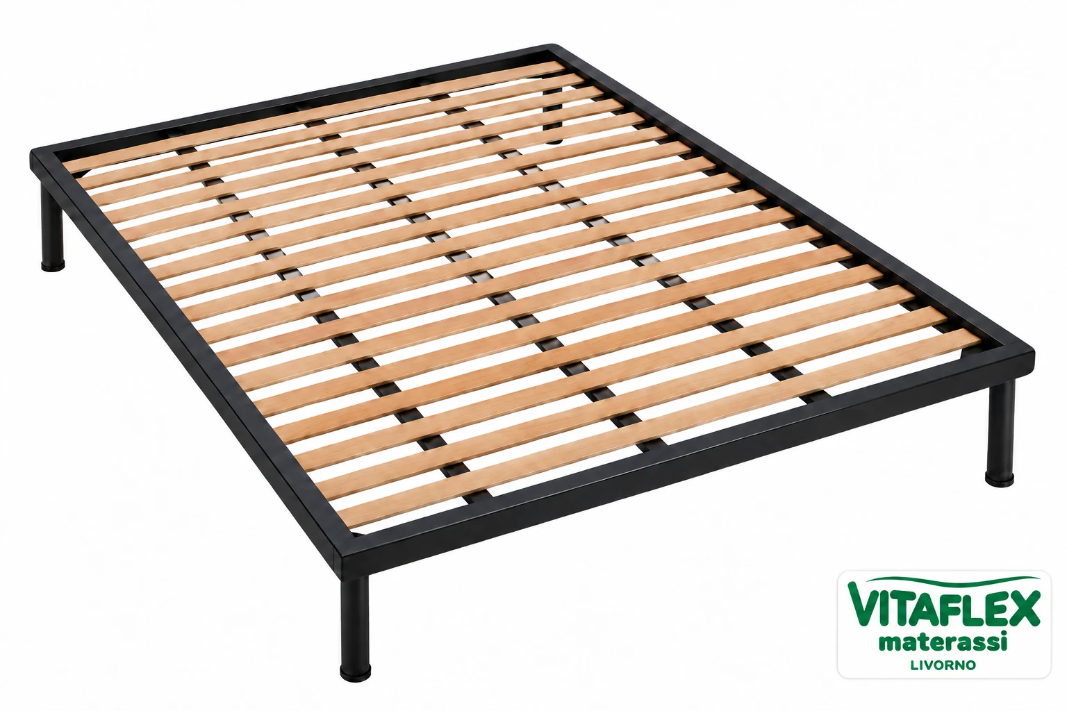 Piano letto Strong: vista prospettica del piano in legno, del telaio e dei rinforzi